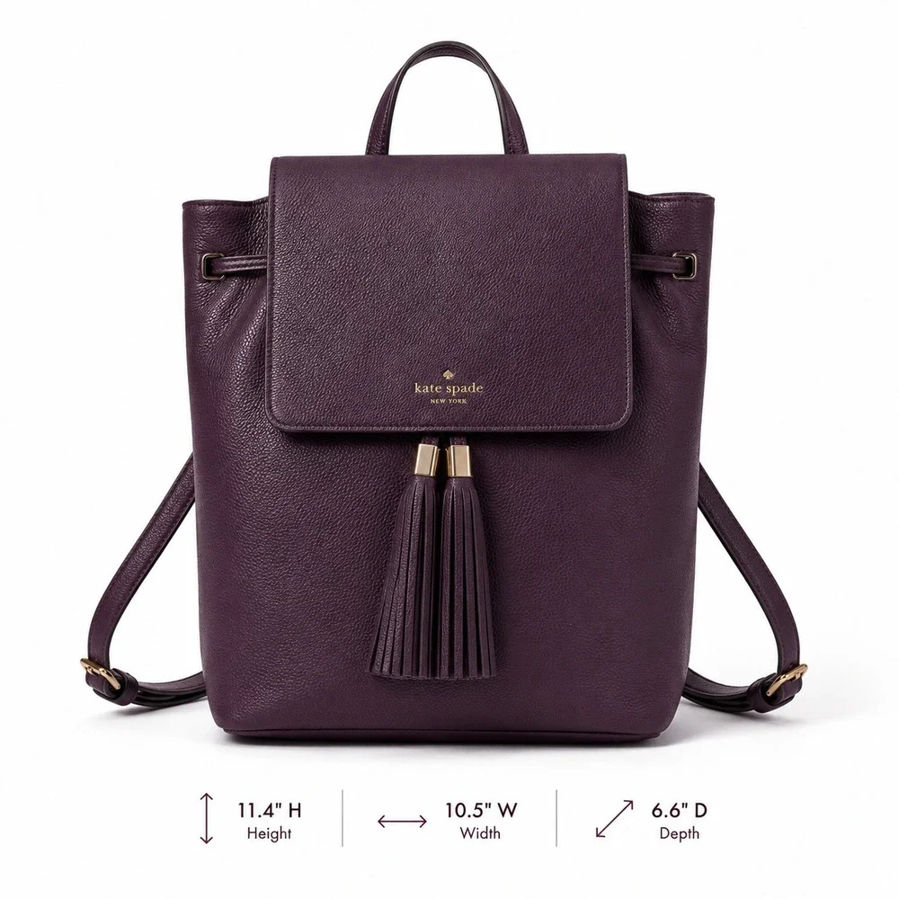 Kate Spade Sinch Backpack Deep Plum Pebbled Leather Medium Flap Tassel Bag